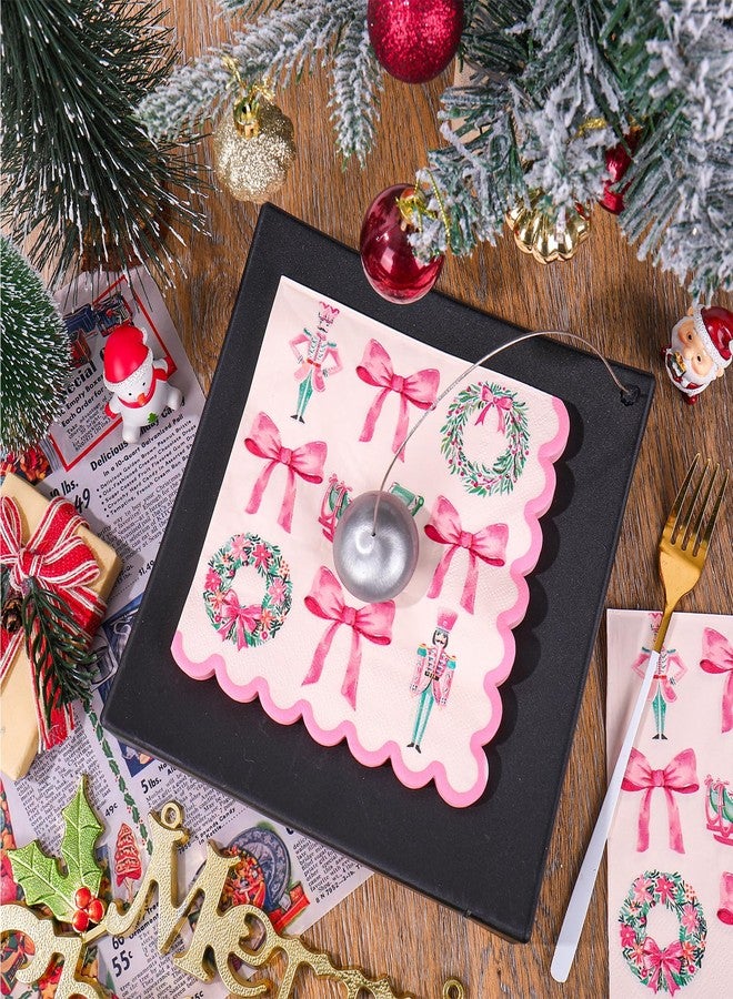 Whaline 100Pcs Christmas Scalloped Paper Napkin Pink Green Nutcracker Wreath Bow Disposable Luncheon Napkins Dinner Hand Napkins for Xmas Party Supplies Table Decor - Image 4